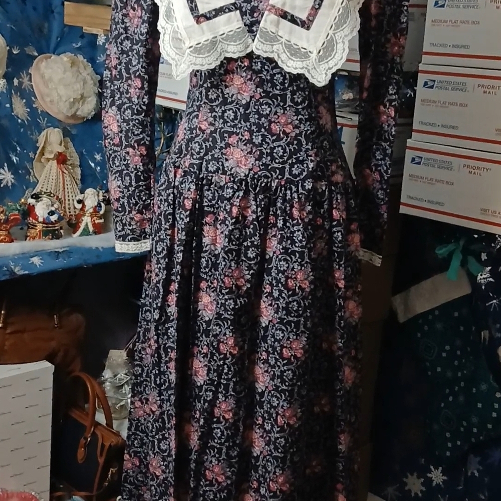 Gunne Sax Navy and Pink Floral Prairie Dress